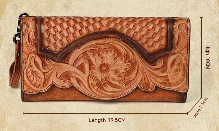 Chinese Style Embossed Wallet Women's First Layer Long Cowhide Fashion Wallet Large Capacity Tri-fold Bag Retro Wallet