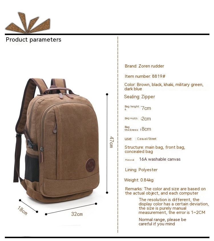 Wear-resistant Washed Canvas Men's And Women's Backpacks Street Casual Fashion Large Capacity Multifunctional