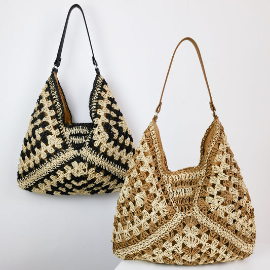 Women's Fashion Handmade Straw Woven Hollow Contrast Color Weave Shoulder Bag