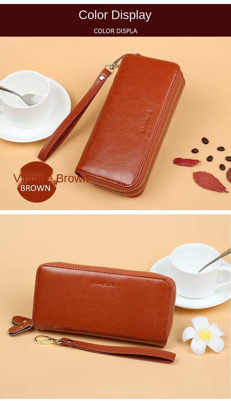 Oil Wax Leather Wallet Women Long Double-layer Zipper Large-capacity Hand Wallet Coin Purse