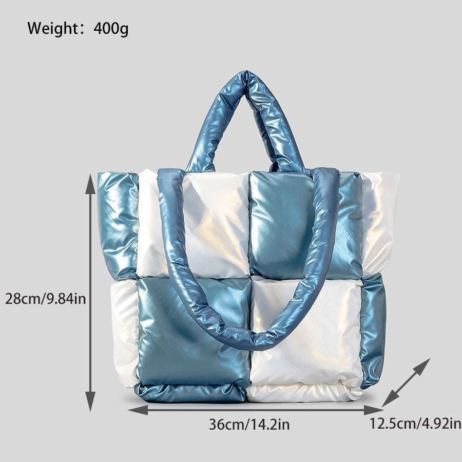 Women Handbags Winter Color Matching Down Cotton-padded Coat Tote Bag Soft Plaid Shoulder Bags