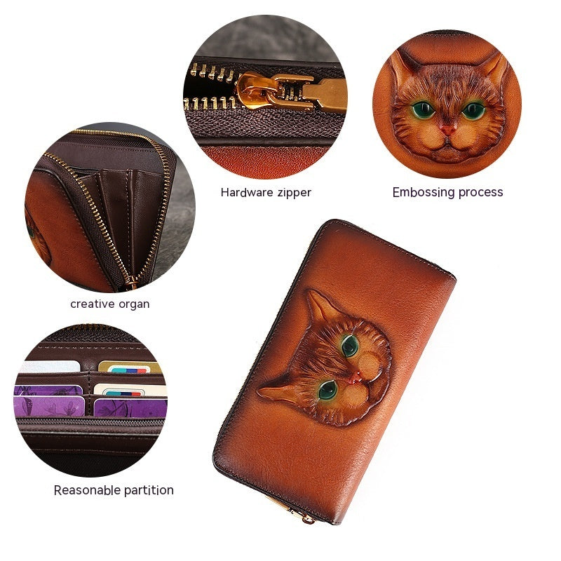 Genuine Leather Coin Purse Cat Embossed Multi-card-slot Card Holder Design Sense